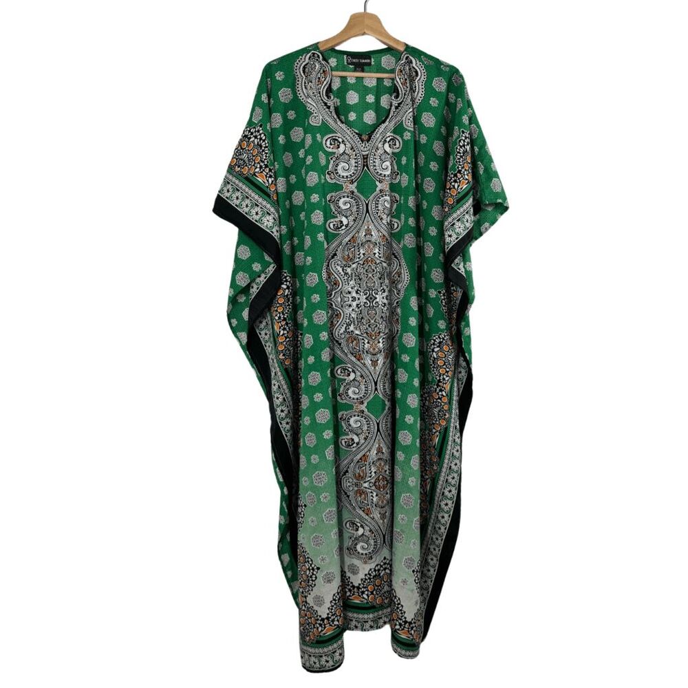 Stacey Summers Green Short Sleeve Kaftan Dress One Size Paisley V-neck Relaxed